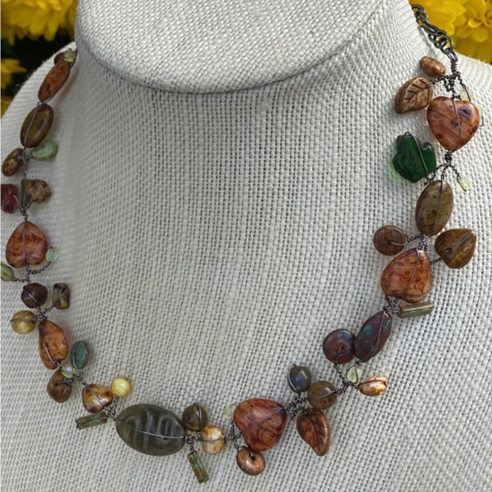 Handmade Artist Beaded wire wrapped statement necklace. Causal or boho style